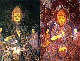 Tibet Guge 05 Tsaparang 04 Chapel Of The Prefect Atisha The main painting on the back wall of the Chapel of the Prefect shows Shakyamuni flanked by Tsongkhapa on the left and Atisha on the right, both wearing the typical Gelugpa headdresses. Here is the painting of Atisha showing its initial state and after it has been cleaned. Atisha (982-1054 AD) was a great Indian Buddhist Master who came to Tibet 1042 and revived the teachings of Buddhism and purified them from misunderstandings. Older photo: Weyer/Aschoff: Tsaparang, Tibets Grosses Geheimnis (1986), newer photo: Aschoff: Tsaparang - Knigsstadt in Westtibet (1997).
